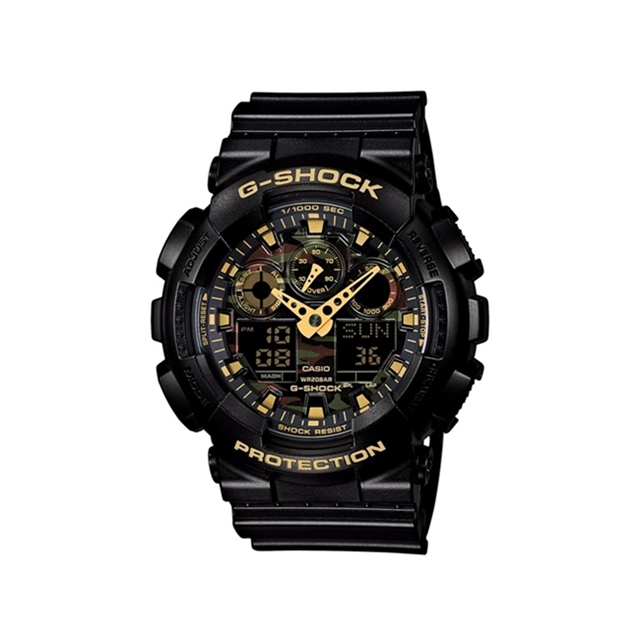 【CASIO】卡西歐 G-SHOCK系列 經典迷彩雙顯電子錶 (黑/金 GA-100CF-1A9)