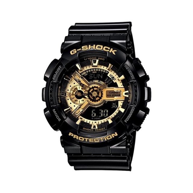 【CASIO】卡西歐 G-SHOCK系列 經典黑金重機雙顯電子錶 (黑/金 GA-110GB-1A)