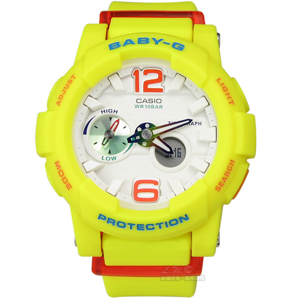 Baby-G CASIO / BGA-180-9B / 卡西歐艷陽沙灘極限潮汐層次雙顯橡膠運動腕錶 螢光黃 44mm
