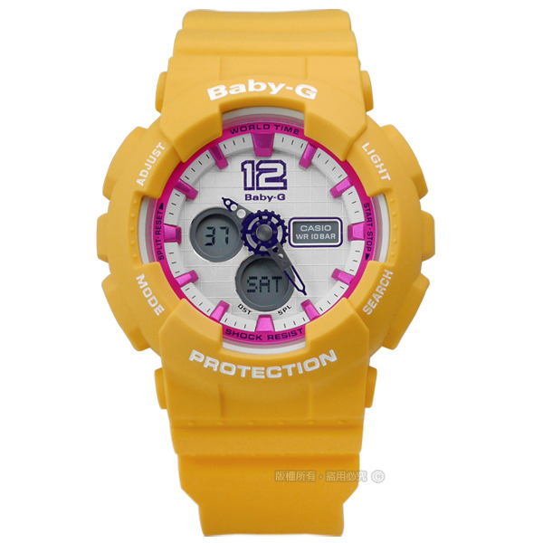 Baby-G CASIO / BA-120-9B / 卡西歐 活力休閒 指針數位 雙顯 橡膠手錶 桃x黃 42mm