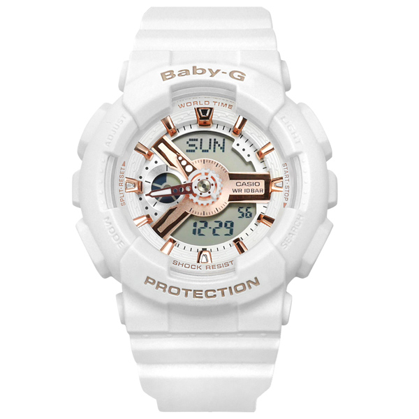 Baby-G CASIO / BA-110RG-7A / 卡西歐 雙顯 帥氣甜美 計時碼錶 運動 橡膠手錶 玫瑰金x白 43mm