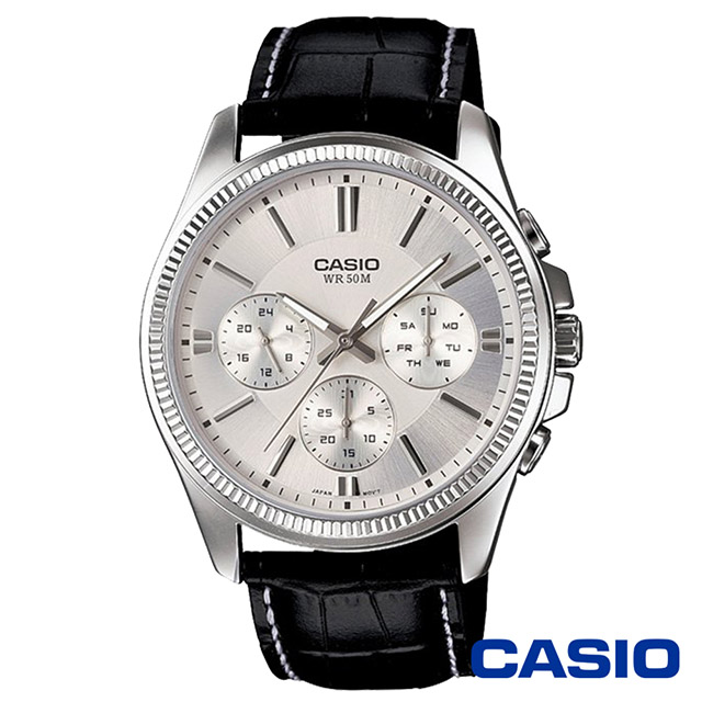 CASIO卡西歐 專業度加值 職場穿搭皮革男錶-銀x48.5mm MTP-1375L-7A