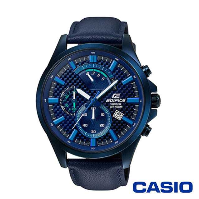 CASIO卡西歐 碳纖維格紋三眼皮革男腕錶-藍x47mm EFV-530BL-2A