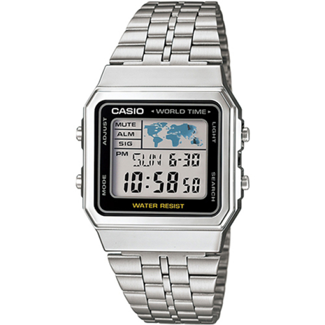 CASIO 全球地圖復古風電子錶-銀x黑/34mm