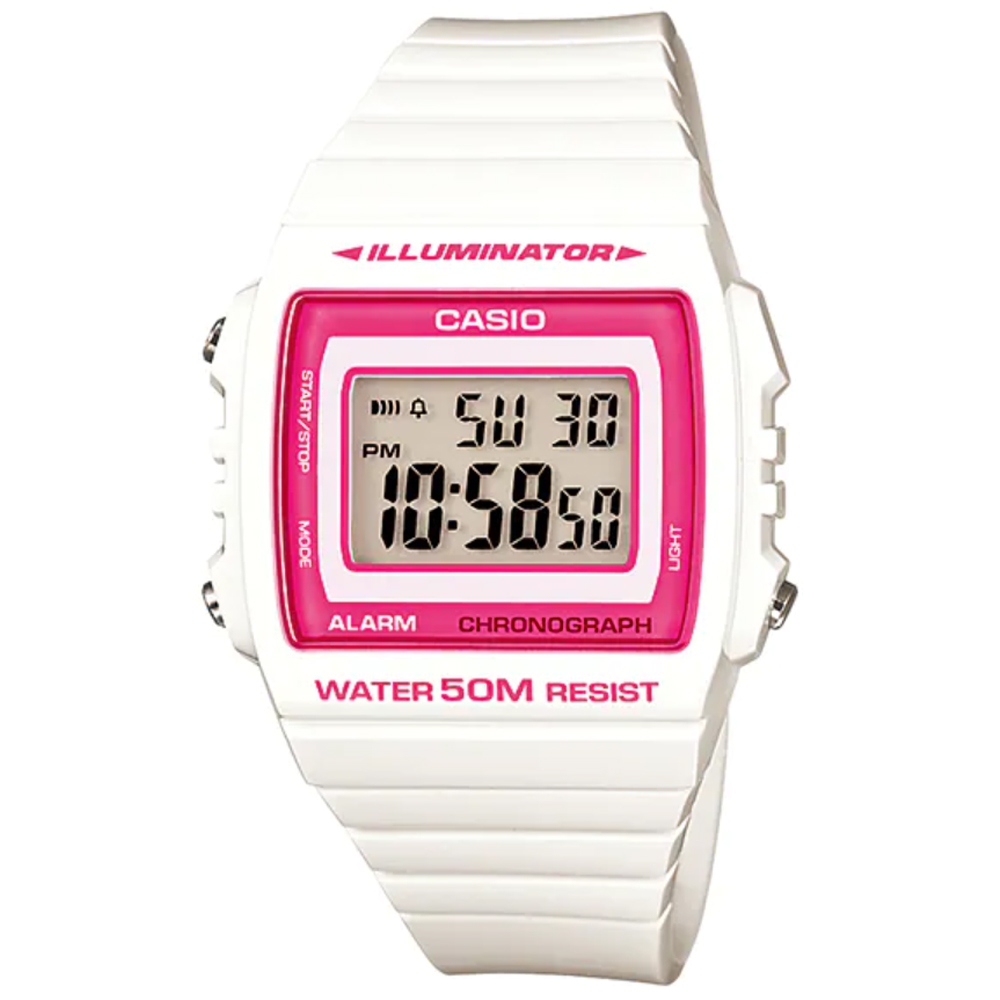 CASIO 多彩繽紛大方數位錶-白色X桃紅框/W-215H-7A2