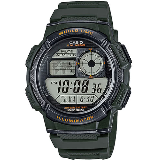 CASIO 世界時間數位電子錶-墨綠(AE-1000W-3AVDF)
