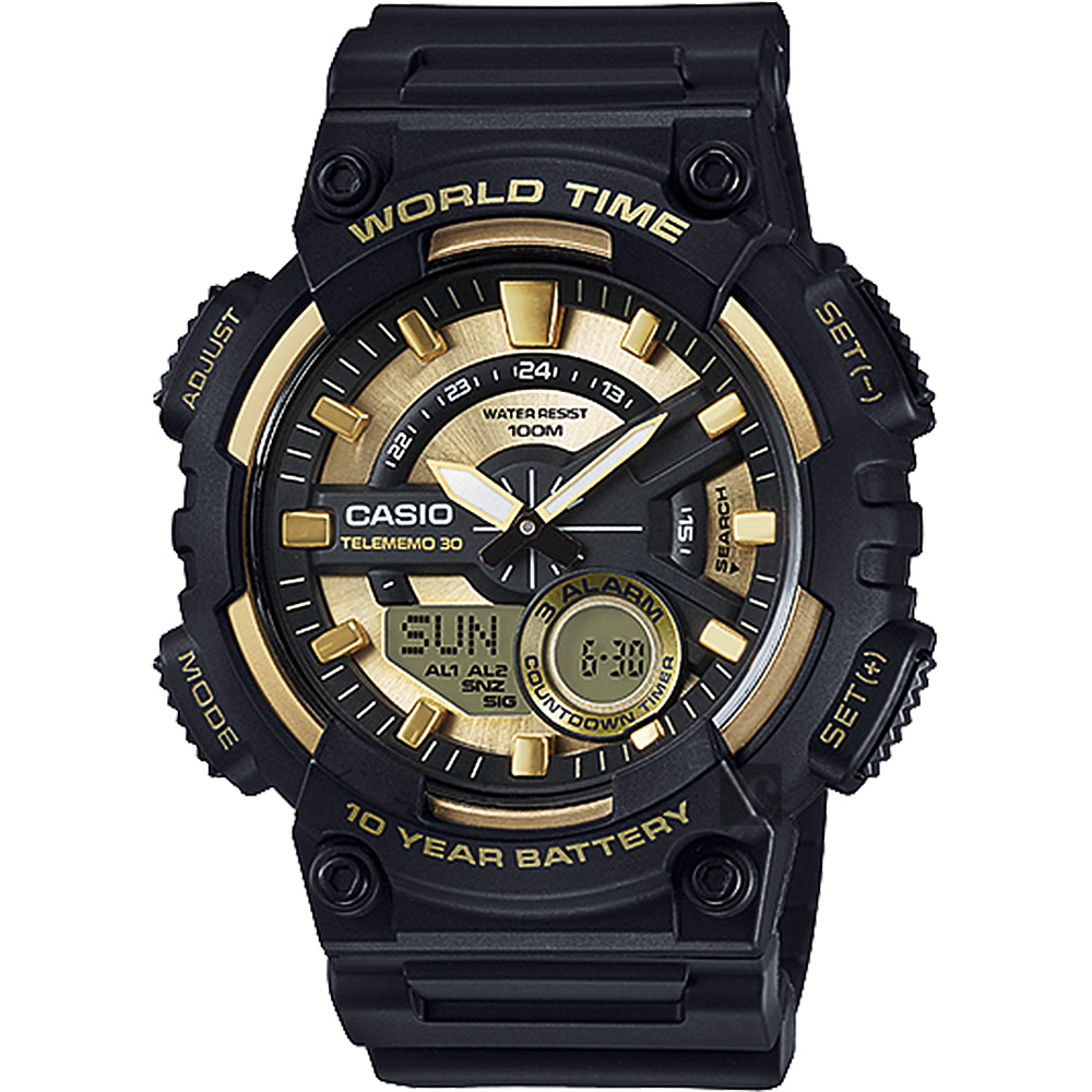 【CASIO】卡西歐 10年電力世界時間碼錶-金x黑 AEQ-110BW-9AVDF