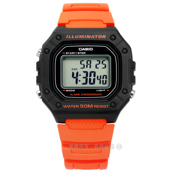 CASIO / W-218H-4B2 / 卡西歐 復古方型 計時碼錶 LED照明 鬧鈴 電子 橡膠手錶 橘色 42mm