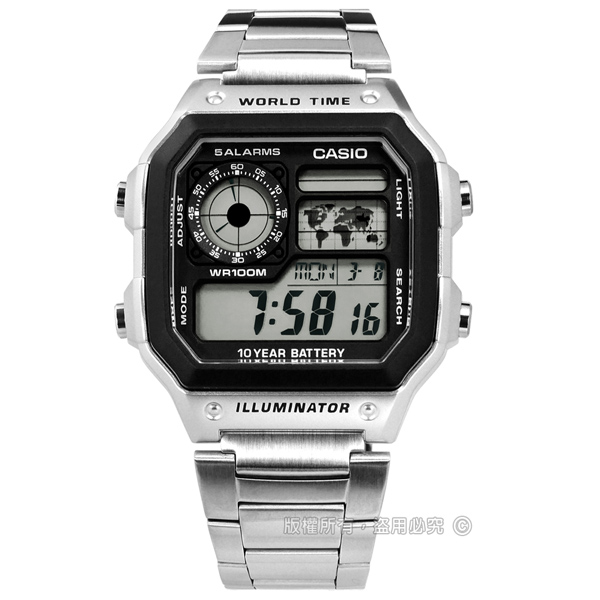 CASIO / AE-1200WHD-1A / 卡西歐 復古方形 計時碼錶 防水100米 世界時間 不鏽鋼手錶 灰黑色 40mm