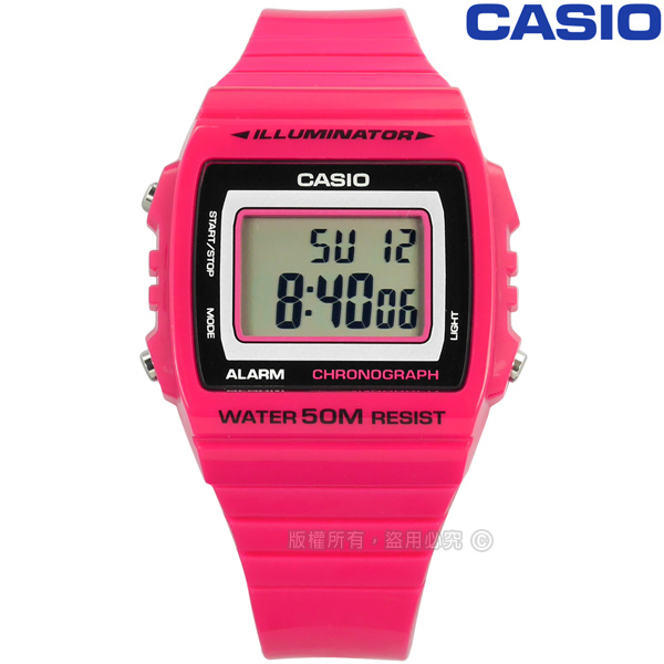 CASIO / W-215H-4A / 卡西歐 計時碼錶 LED照明 鬧鈴 電子數位 橡膠手錶 桃紅色 38mm
