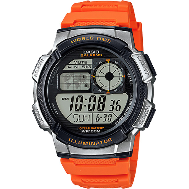 CASIO 卡西歐 10年電力手錶-橘 AE-1000W-4B