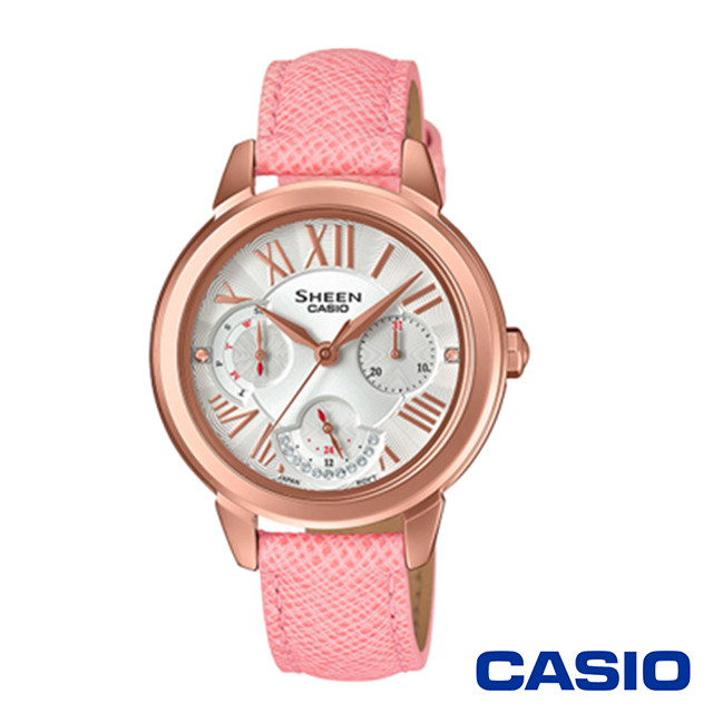 CASIO卡西歐 低調奢華羅馬多重指針皮革女腕錶-粉金x34mm SHE-3059PGL-7A