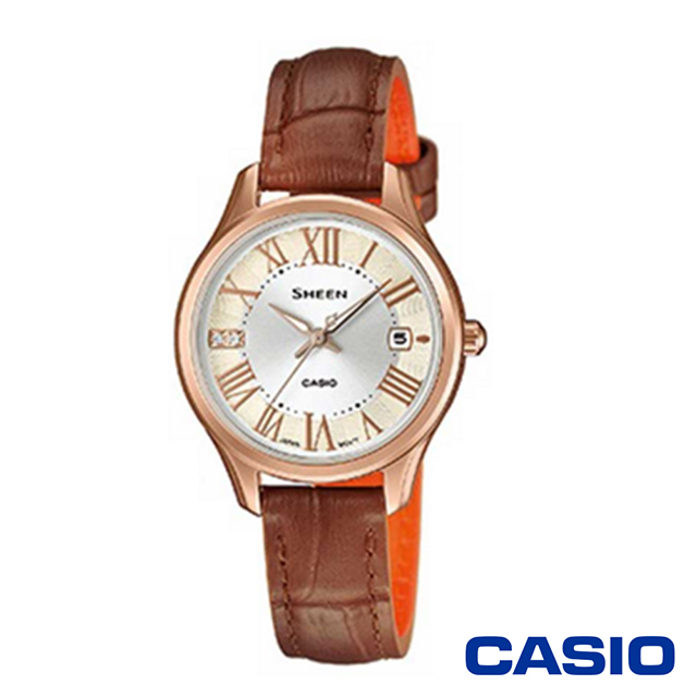 CASIO卡西歐 氣質簡約施華洛世奇皮革女腕錶-咖啡x28mm SHE-4050PGL-7A