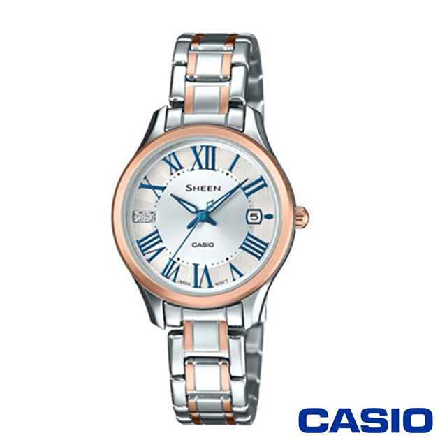 CASIO卡西歐 氣質羅馬數字施華洛世奇女腕錶-銀x28mm SHE-4050SPG-7A