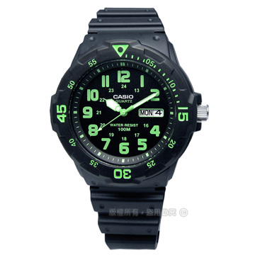 CASIO / MRW-200H-3B / 卡西歐潛水勇者簡潔時標防水橡膠手錶 黑綠色 42mm