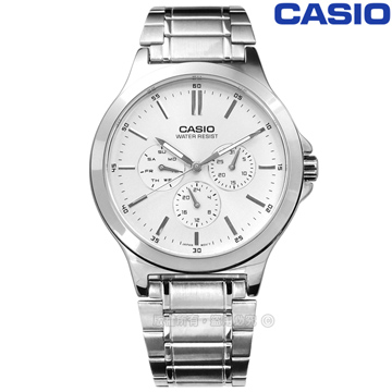 CASIO / MTP-V300D-7A / 卡西歐簡約三眼三針星期日期防水不鏽鋼手錶 銀色 40mm