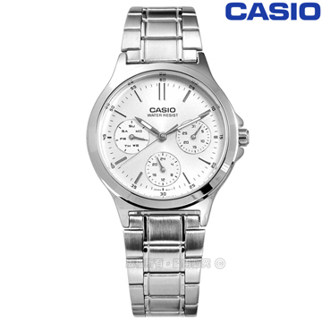 CASIO / LTP-V300D-7A / 卡西歐簡約三眼三針星期日期防水不鏽鋼手錶 銀色 32mm