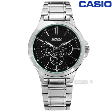 CASIO / MTP-V300D-1A / 卡西歐 簡約三眼 星期日期 礦石強化玻璃 日本機芯 不鏽鋼手錶 黑色 39mm