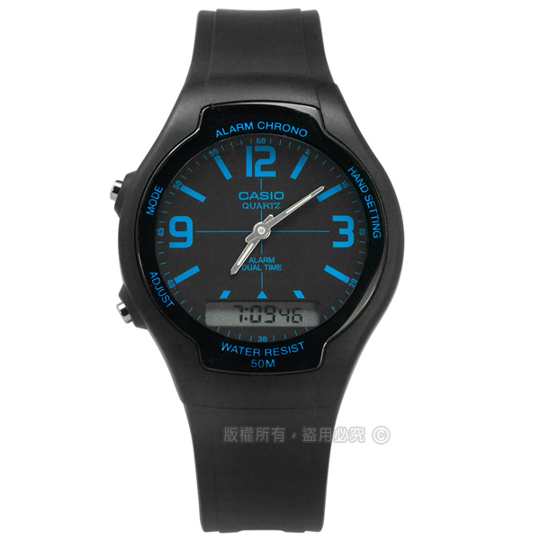 CASIO / AW-90H-2B / 卡西歐 復古簡約 數位指針雙顯 兩地時間 計時碼錶 鬧鈴 橡膠手錶 藍x黑 38mm