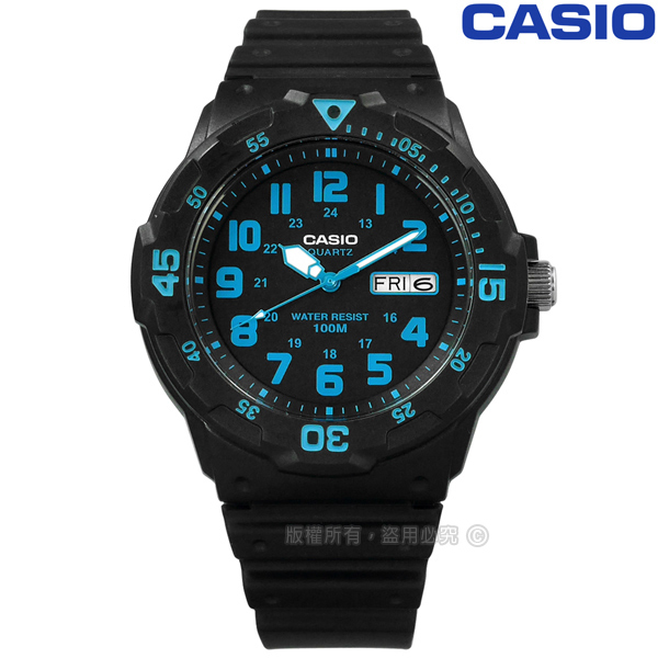CASIO / MRW-200H-2B / 卡西歐 清楚時標 日本機芯 星期日期 防水100M 橡膠手錶 藍x黑 43mm
