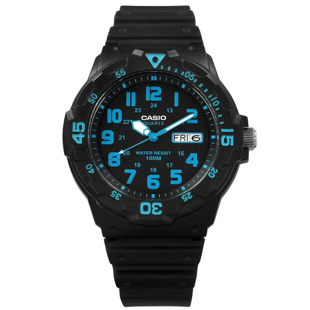 CASIO / MRW-200H-2B / 卡西歐 清楚時標 日本機芯 星期日期 防水100M 橡膠手錶 藍x黑 43mm
