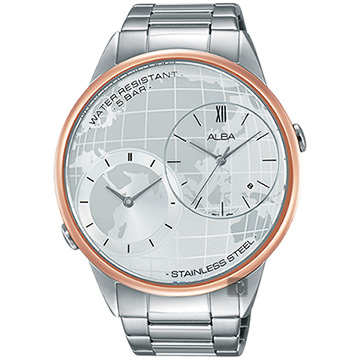 ALBA 街頭酷玩家二地時間限定腕錶-銀x玫塊金框/45mm DM03-X001KS(AZ9004X1)