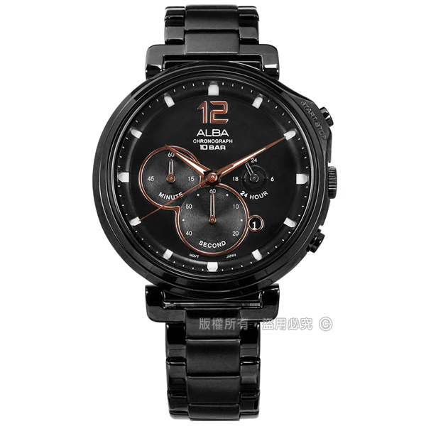 ALBA / VD53-X302SD.AT3E05X1 / 日系原創時尚 礦石強化玻璃 日期 防水100米 不鏽鋼手錶 鍍黑 44mm