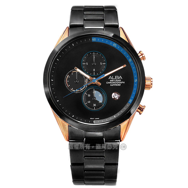 ALBA / VD57-X135KS.AM3594X1 / 情人限定款 藍寶石水晶玻璃 三眼計時 不鏽鋼手錶 黑x玫瑰金框 43mm