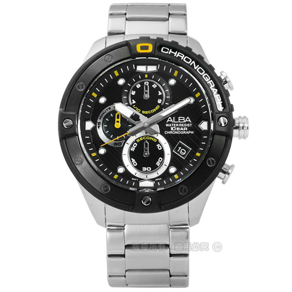 ALBA / VD57-X071D.AM3323X1 / 商務三眼 礦石強化玻璃 計時 日期 防水100米 不鏽鋼手錶 黑色 46mm