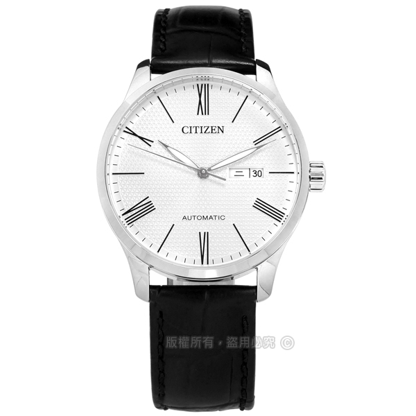 CITIZEN / NH8350-08A / 機械錶 自動上鍊 星期 日期 羅馬刻度 花紋錶面 小牛皮手錶 白x黑 40mm