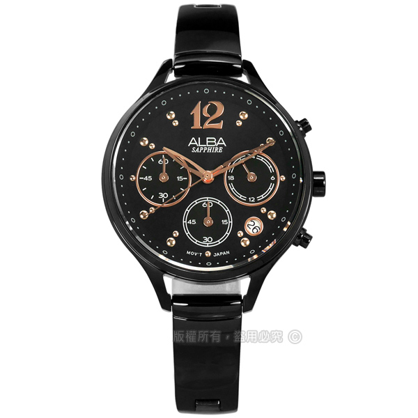 ALBA / VD53-X335SD.AT3F19X1 / 甜美知性 藍寶石水晶玻璃 計時 日期 不鏽鋼手錶 鍍黑 36mm