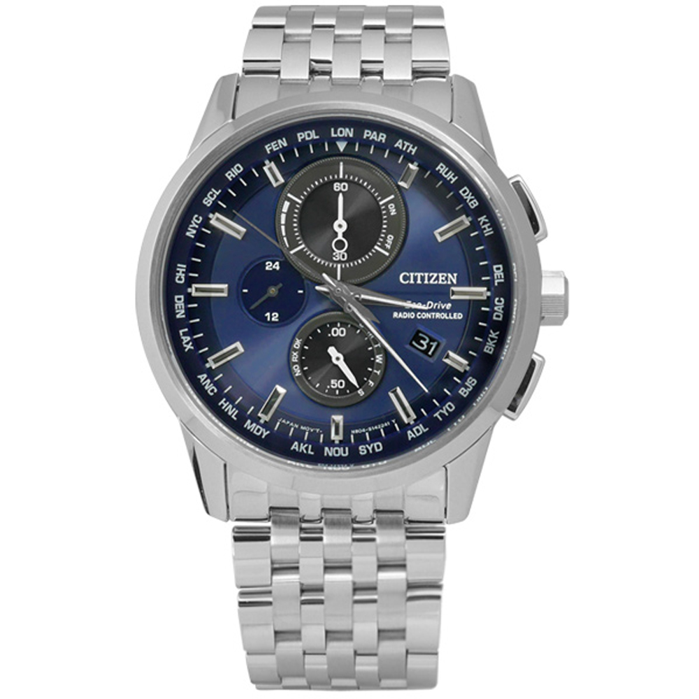 CITIZEN 星辰表 / AT8110-61L / 高貴品味三環光動能電波不鏽鋼腕錶 藍黑色 42mm