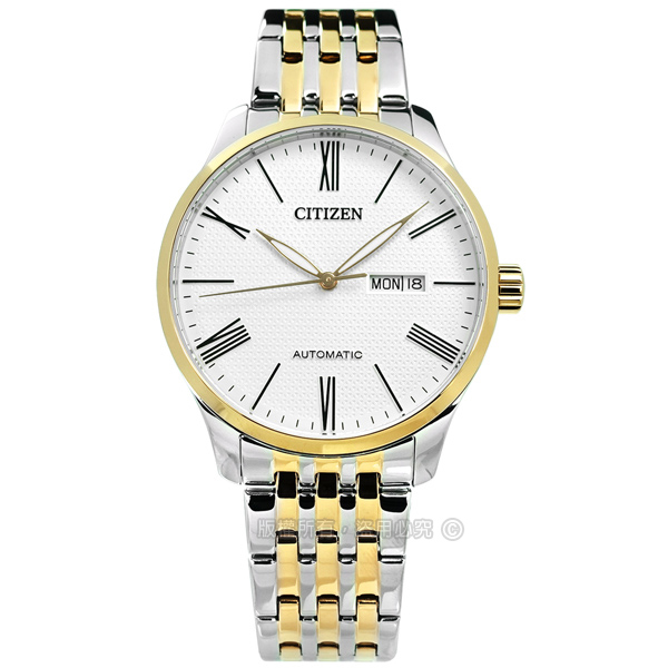 CITIZEN / NH8354-58A / 機械錶 自動上鍊 礦石強化玻璃 日期星期 不鏽鋼手錶 白x鍍金 40mm