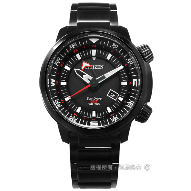 CITIZEN / BJ7086-57E / 光動能 簡易方位 兩地時間 日本製造 防水200米 不鏽鋼手錶 黑色 49mm