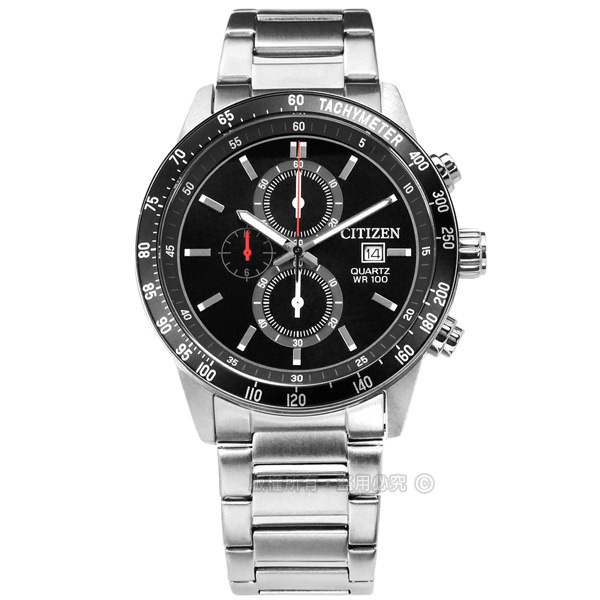 CITIZEN / AN3600-59E / 經典三眼 計時碼錶 日期 日本機芯 防水100米 不鏽鋼手錶 黑色 44mm