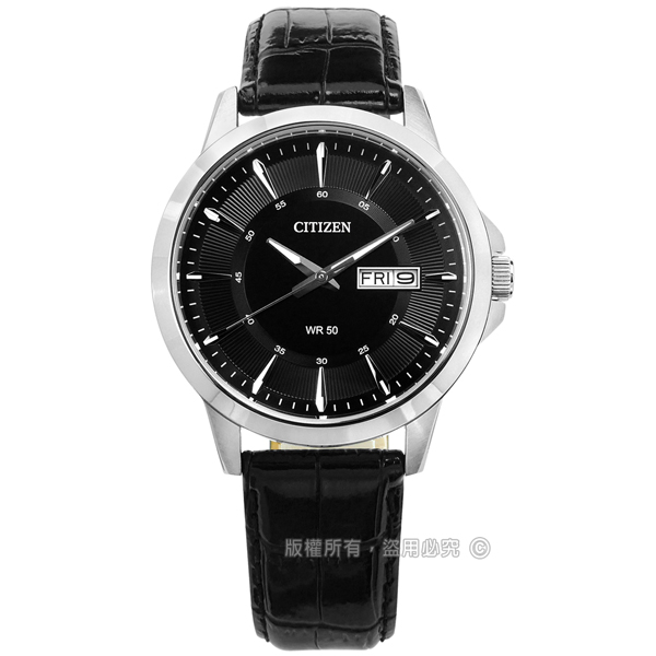 CITIZEN / BF2011-01E / 簡約大方 星期 日期 礦石強化玻璃 日本機芯 真皮手錶 黑色 41mm