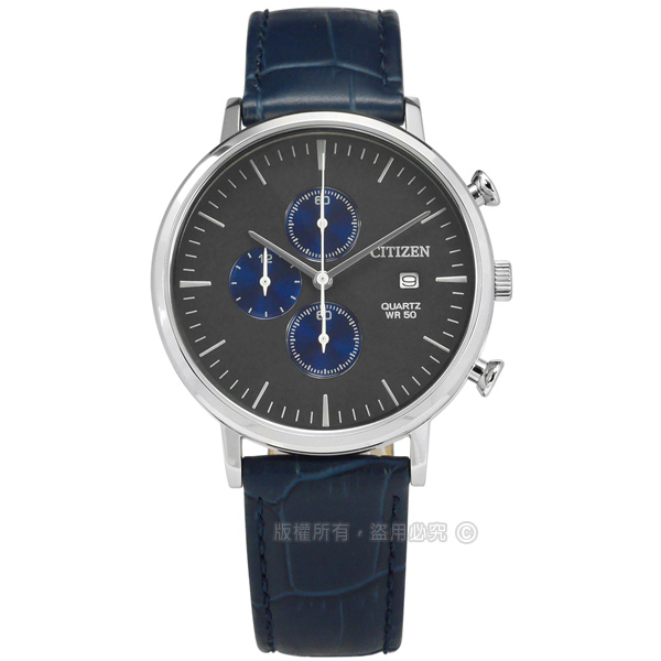 CITIZEN / AN3610-04H / 三眼計時 礦石強化玻璃 日期視窗 日本機芯 真皮手錶 灰x藍 41mm