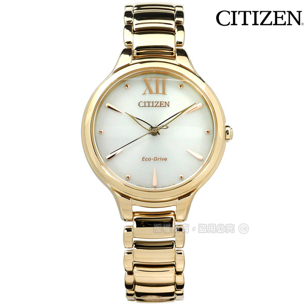 CITIZEN / EM0553-85A / L 光動能 藍寶石水晶玻璃 日本機芯 不鏽鋼手錶 銀灰x鍍香檳金色 32mm