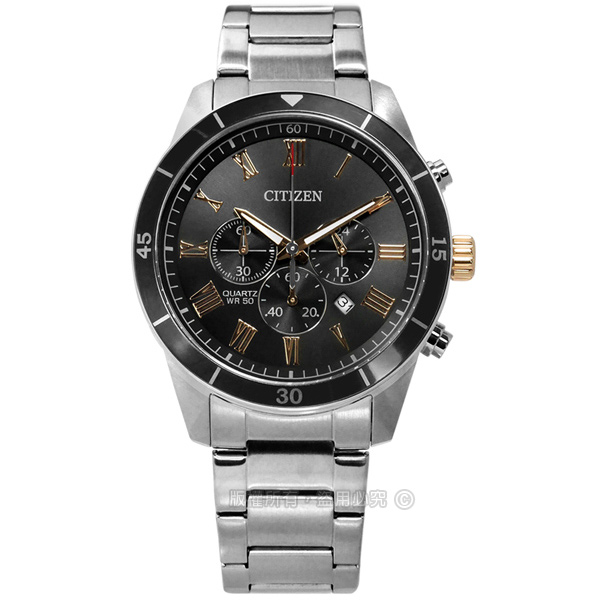 CITIZEN / AN8168-51H / 羅馬刻度 三眼計時 日期 夜光指針 不鏽鋼手錶 深灰色 44mm