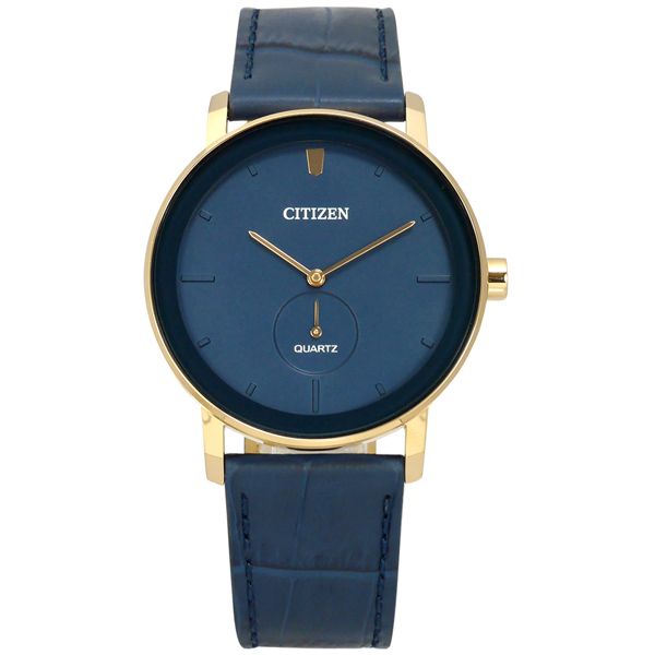 CITIZEN 星辰表 / BE9183-03L / 簡約時尚 礦石強化玻璃 日本機芯 壓紋真皮手錶 藍x香檳金框x藍 42mm