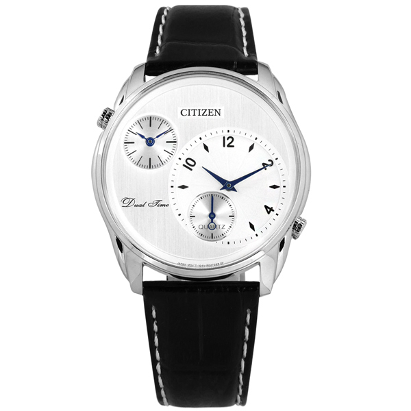 CITIZEN / AO3030-24A / 簡約商務 雙時間顯示 日本機芯 壓紋小牛皮手錶 銀x黑 44mm