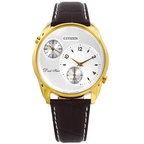 CITIZEN / AO3032-02A / 簡約商務 雙時間顯示 日本機芯 壓紋小牛皮手錶 白x金框x深紅棕 44mm