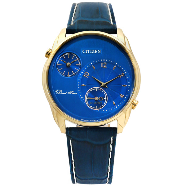 CITIZEN / AO3033-00L / 簡約商務 雙時間顯示 日本機芯 壓紋小牛皮手錶 藍x香檳金框 44mm