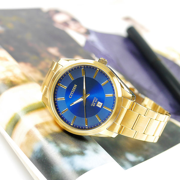 CITIZEN / BI1032-58L / 簡約時尚 礦石強化玻璃 日期 防水100米 日本機芯 不鏽鋼手錶 藍x鍍金 42mm