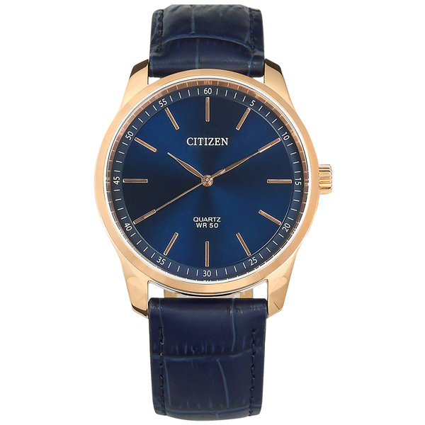 CITIZEN / BH5003-00L / 簡約時尚 礦石強化玻璃 日本機芯 真皮壓紋手錶 藍x鍍玫瑰金 42mm