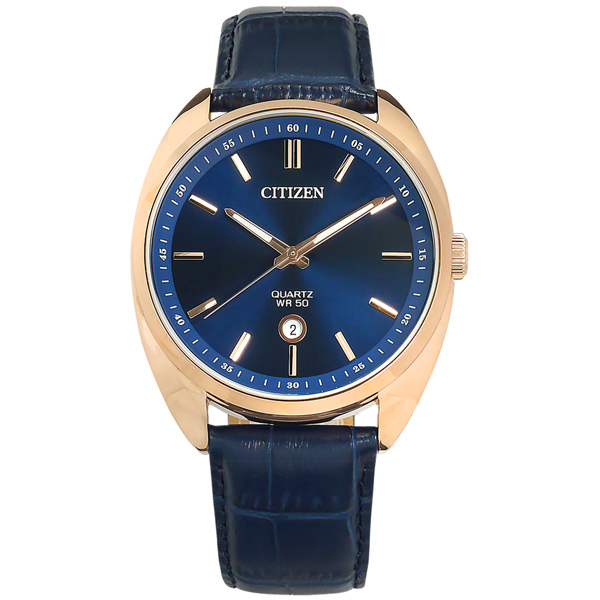 CITIZEN / BI5093-01L / 簡約時尚 礦石強化玻璃 日期 日本機芯 真皮壓紋手錶 藍x鍍玫瑰金 42mm
