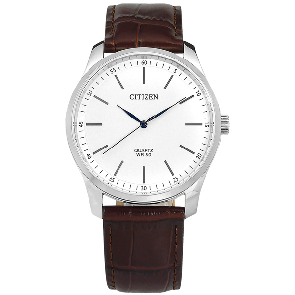 CITIZEN / BH5000-08A / 簡約時尚 礦石強化玻璃 日本機芯 真皮壓紋手錶 白x銀框x咖啡 42mm