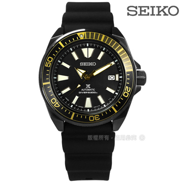 SEIKO 精工 / 4R35-01V0SD.SRPB55J1 / PROSPEX 自動上鍊日期防水潛水機械矽膠手錶 黑x金 44mm