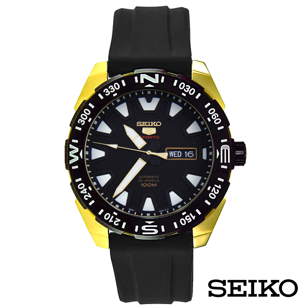 SEIKO精工 迷途知返5號自動機械金綴矽膠男錶-黑x45mm SRP750K1