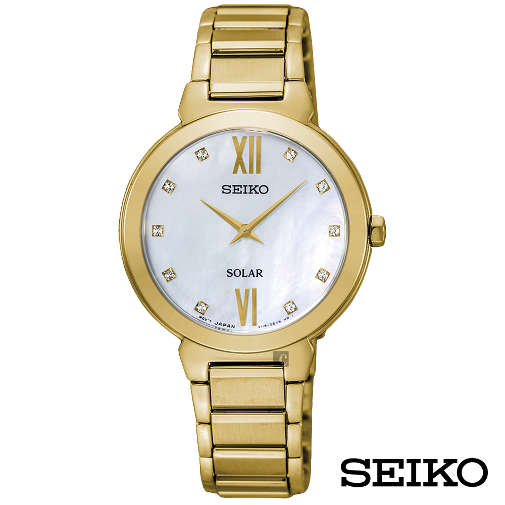 SEIKO精工 金采派對舞曲太陽能女錶-白貝面x30mm SUP384P1